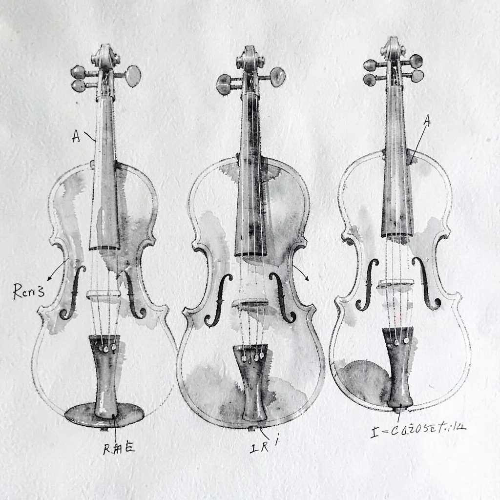 Pen-ink anatomy diagram of violin parts arranged on a single sheet, abstract lab