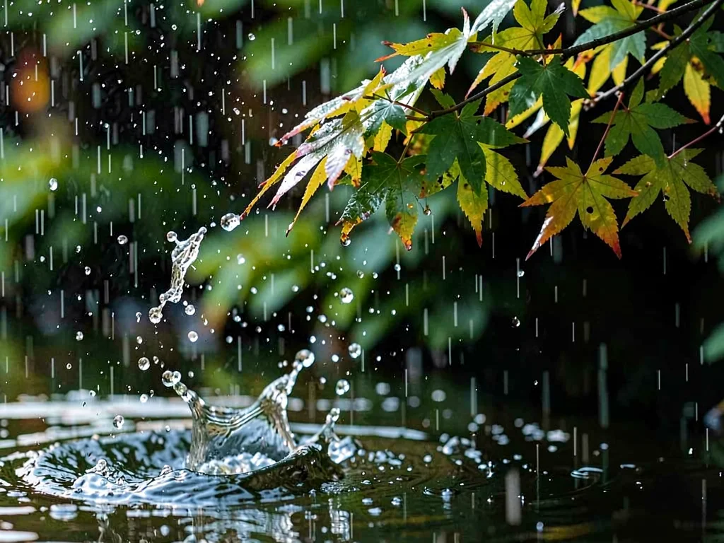Drop about to fall from maple leaf