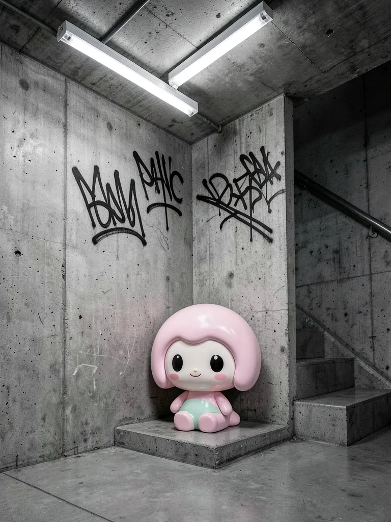 My Melody figurine in stairwell corner, graffiti tags above, fluorescent tube li