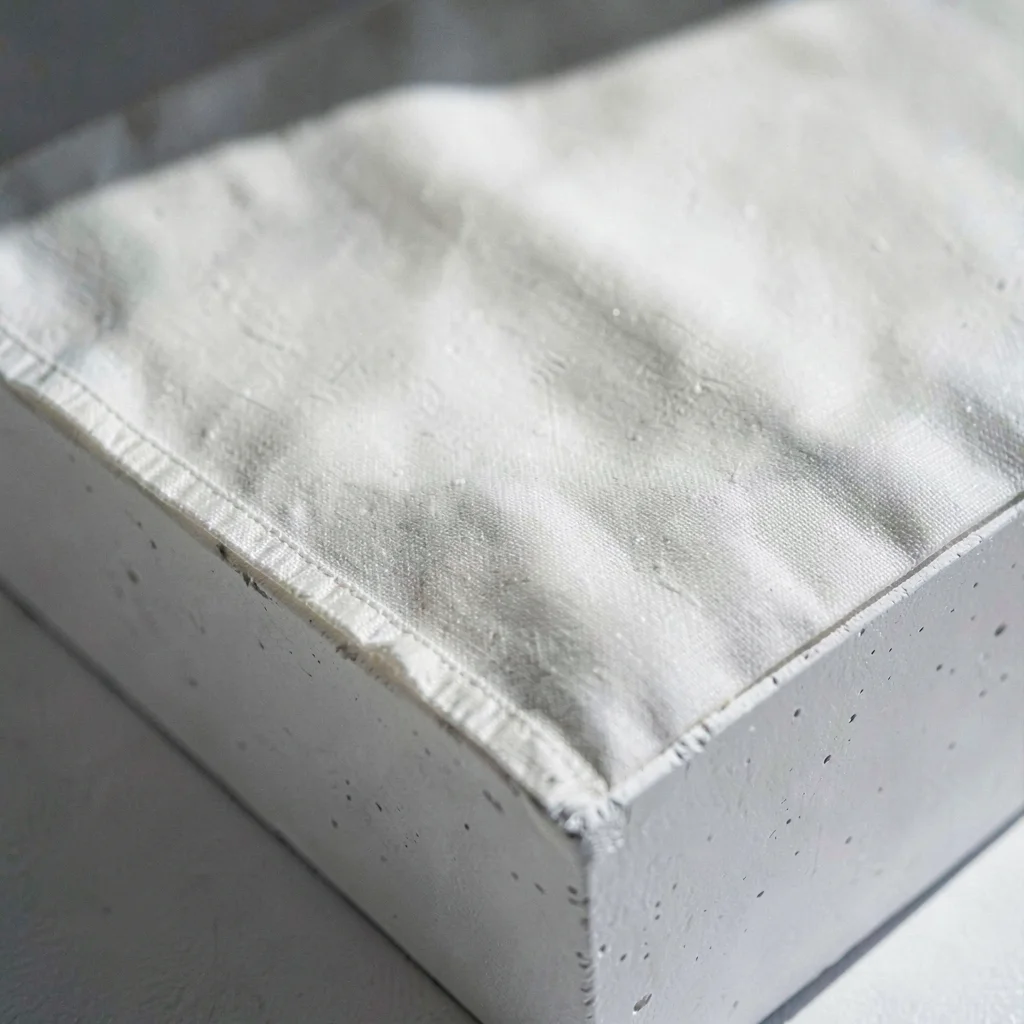 Sculptural mineralcut closeup of a swatch of waxed cotton canvas on chalky white