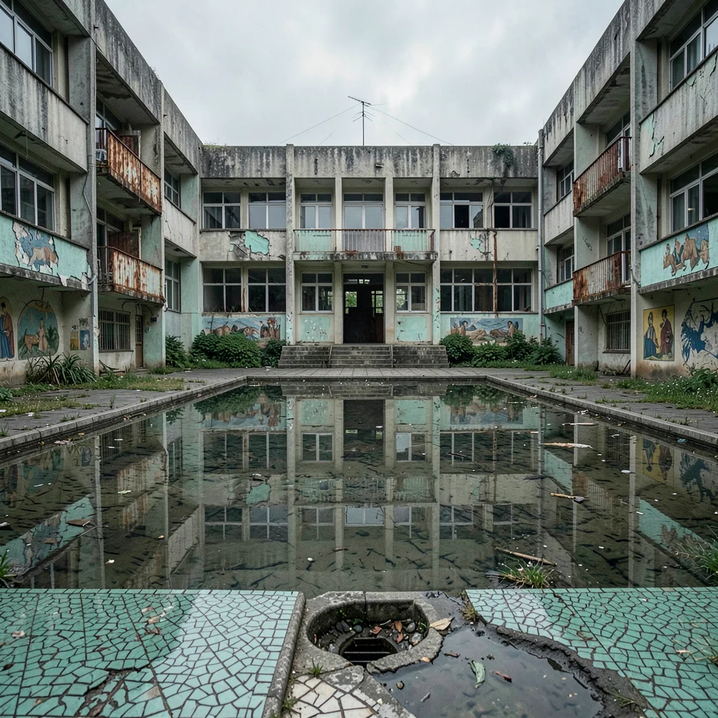 Sanatorium Facade Reflected in Drained Pool Puddle