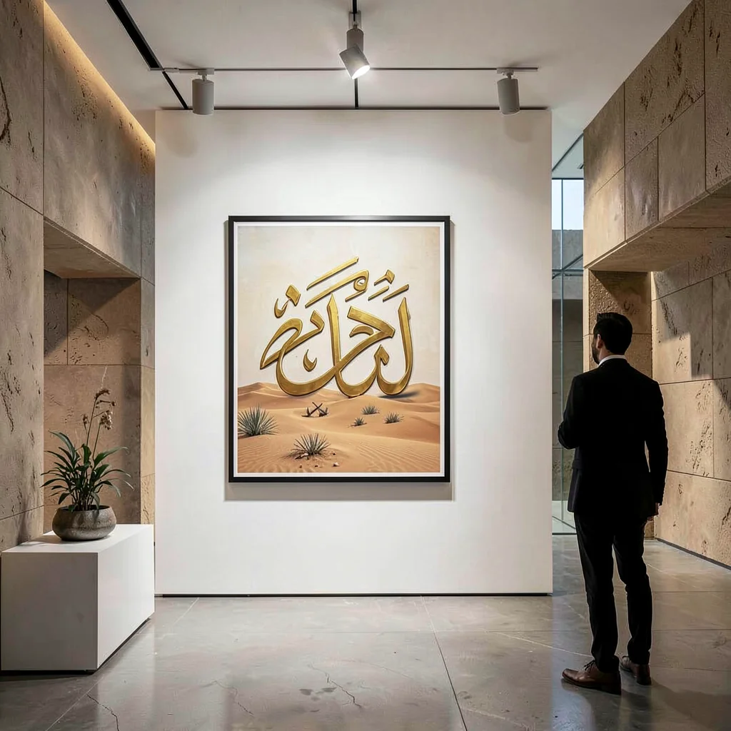 Contemporary Gulf photograph with heritage contrasts, Arabic calligraphy artwork