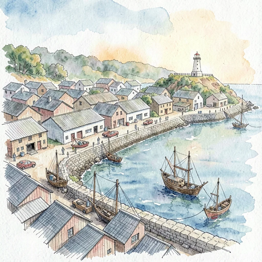 Port town map with bustling docks lined by warehouses in cross-hatched roofs, a 