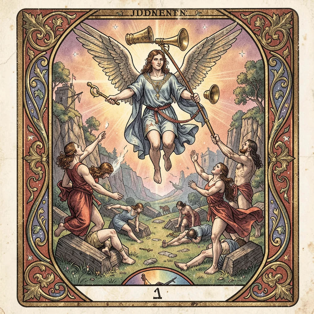 Tarot card illustration, Judgement angel with trumpet, figures rising from grave