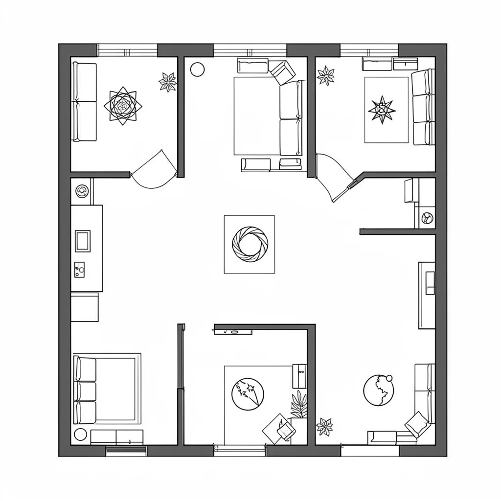 Schematic of a living room floor plan with five elemental icons in each zone, no