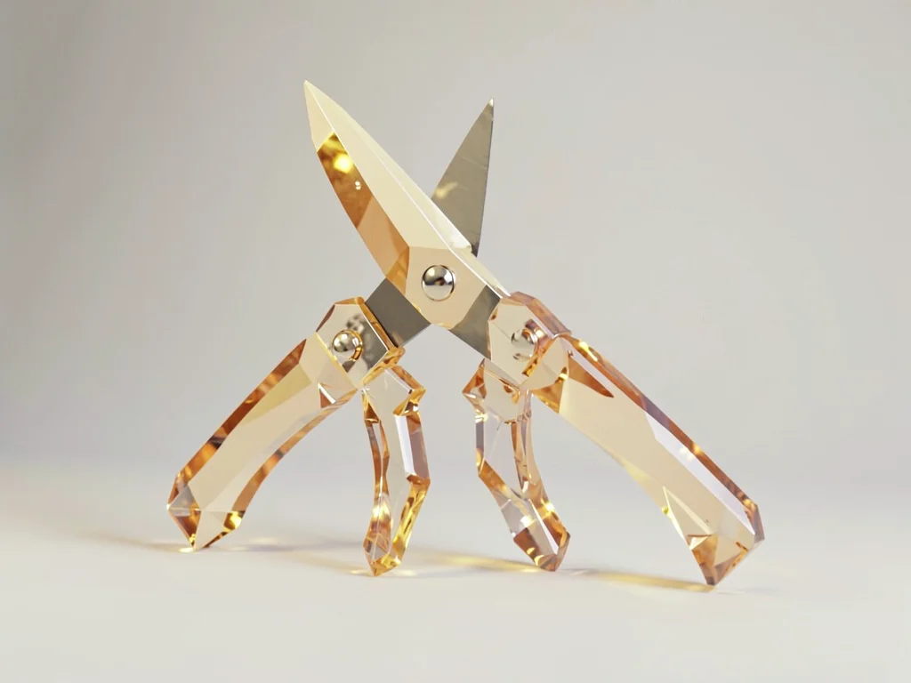 Pair of citrine lowpoly garden shears with crisp faceted blades and crystalline 