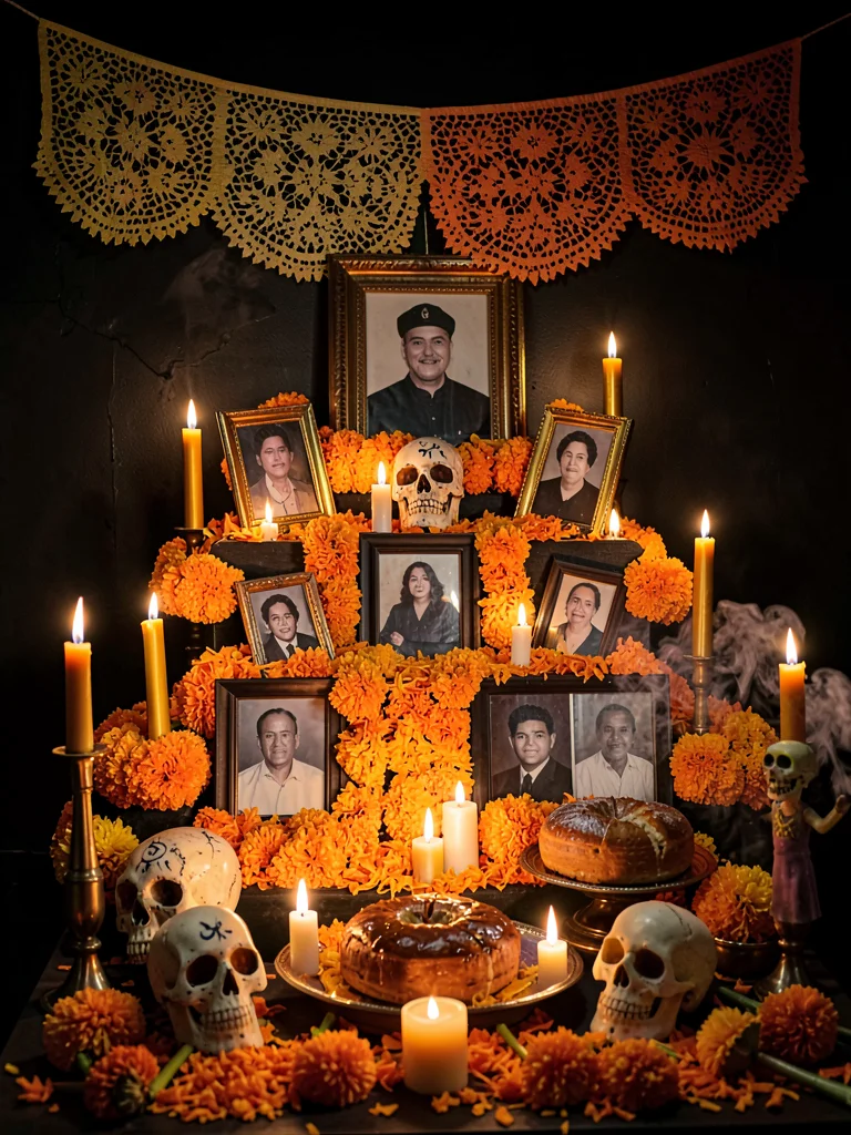 Full multi-tiered ofrenda with marigold and candlelight