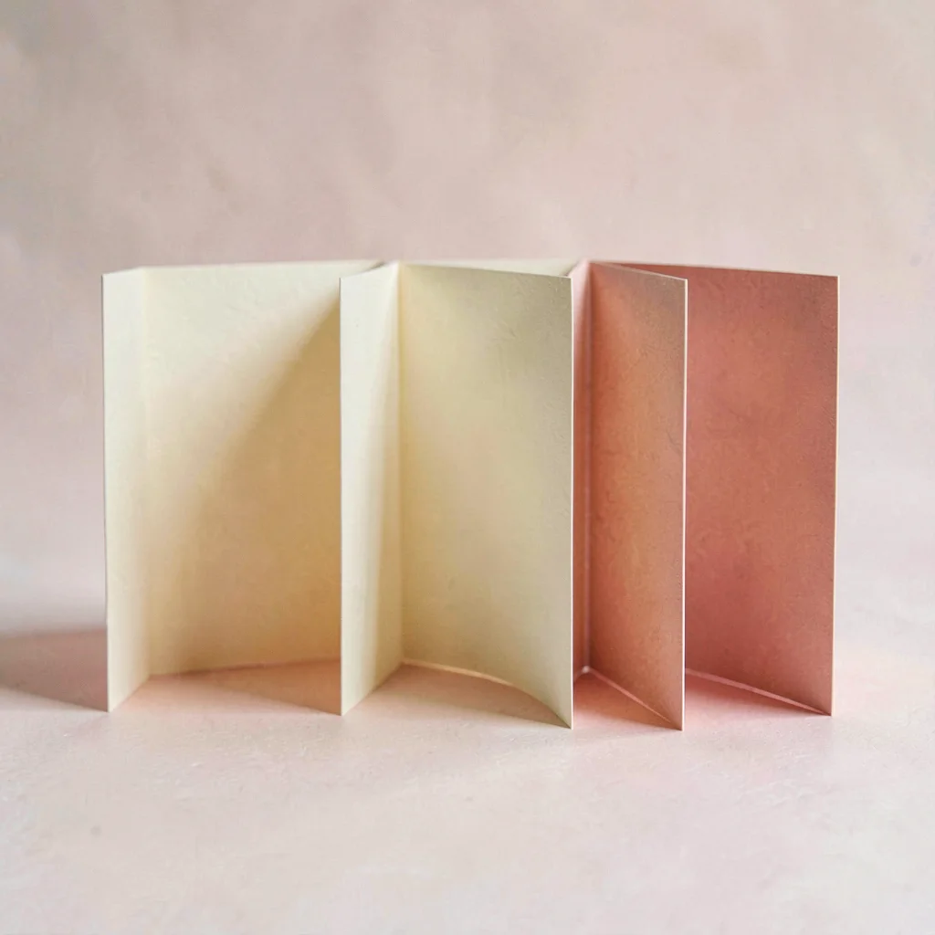 Papercraft motif of three folded-paper folders standing upright in a row, warm c