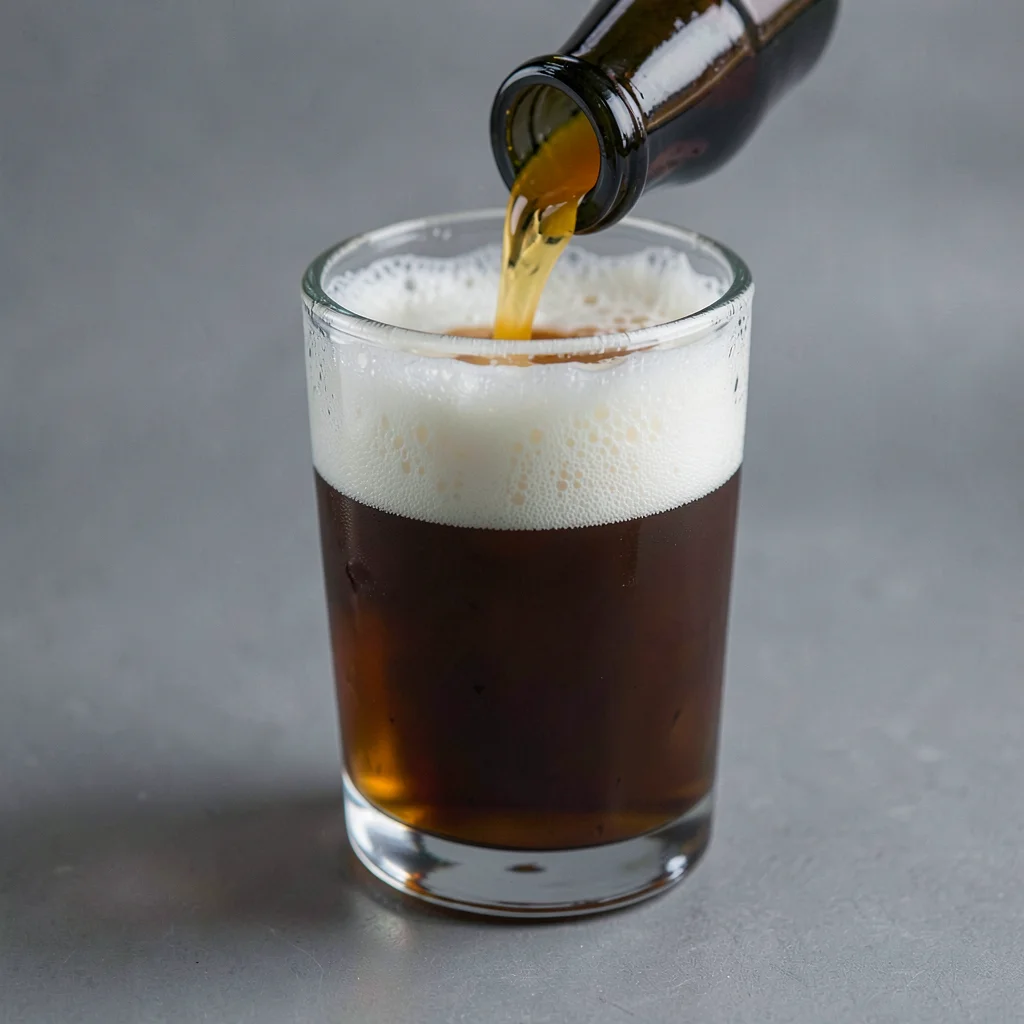 Half-pour into a stout tumbler with foam cresting the rim, soft directional stud