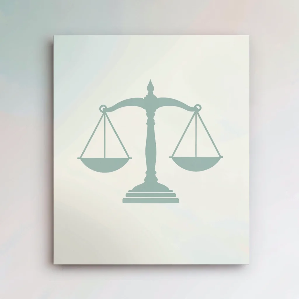 Card with a balance scale silhouette in sage on cream, no text