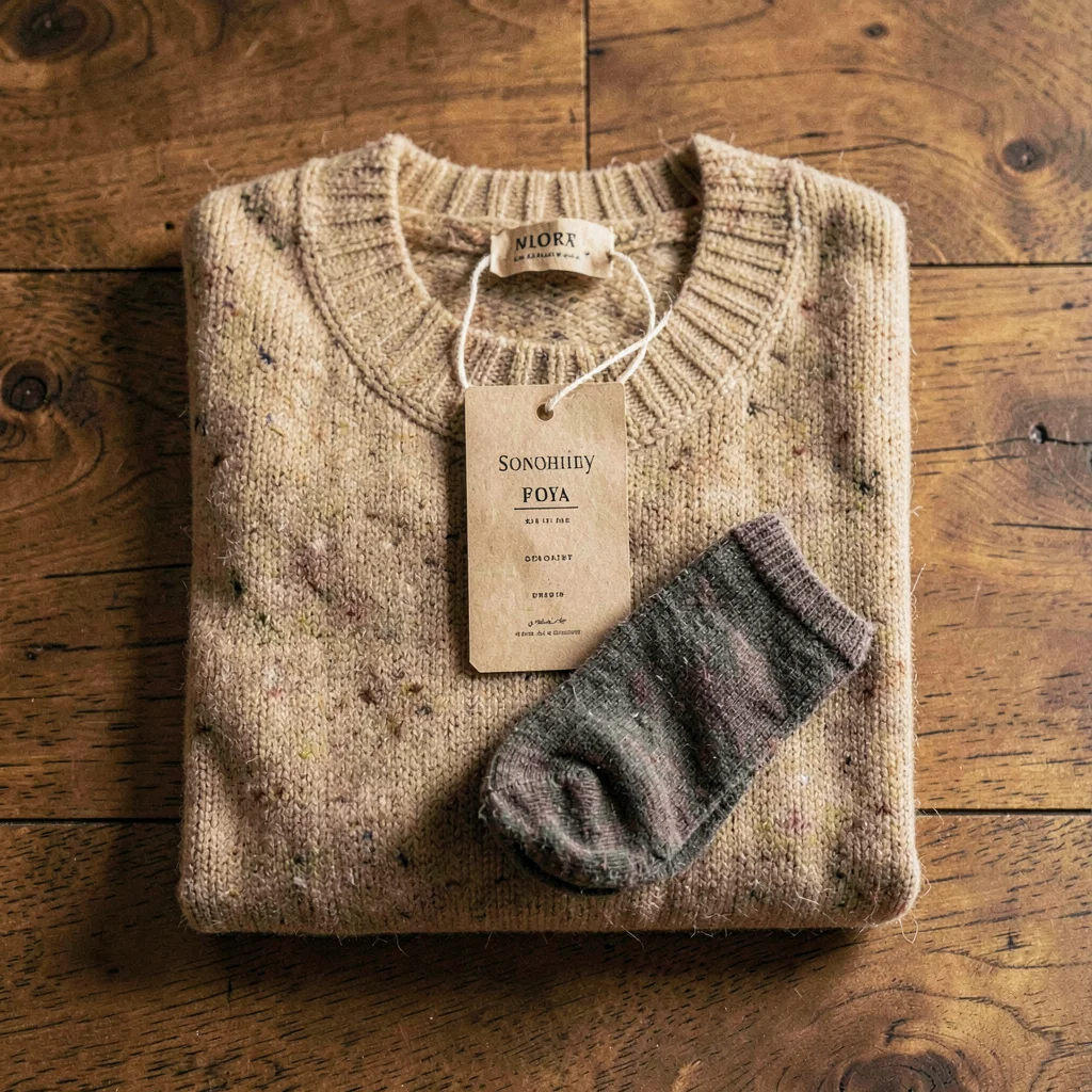 Warm overhead of a folded jumper, a tiny pair of socks, and a paper tag arranged