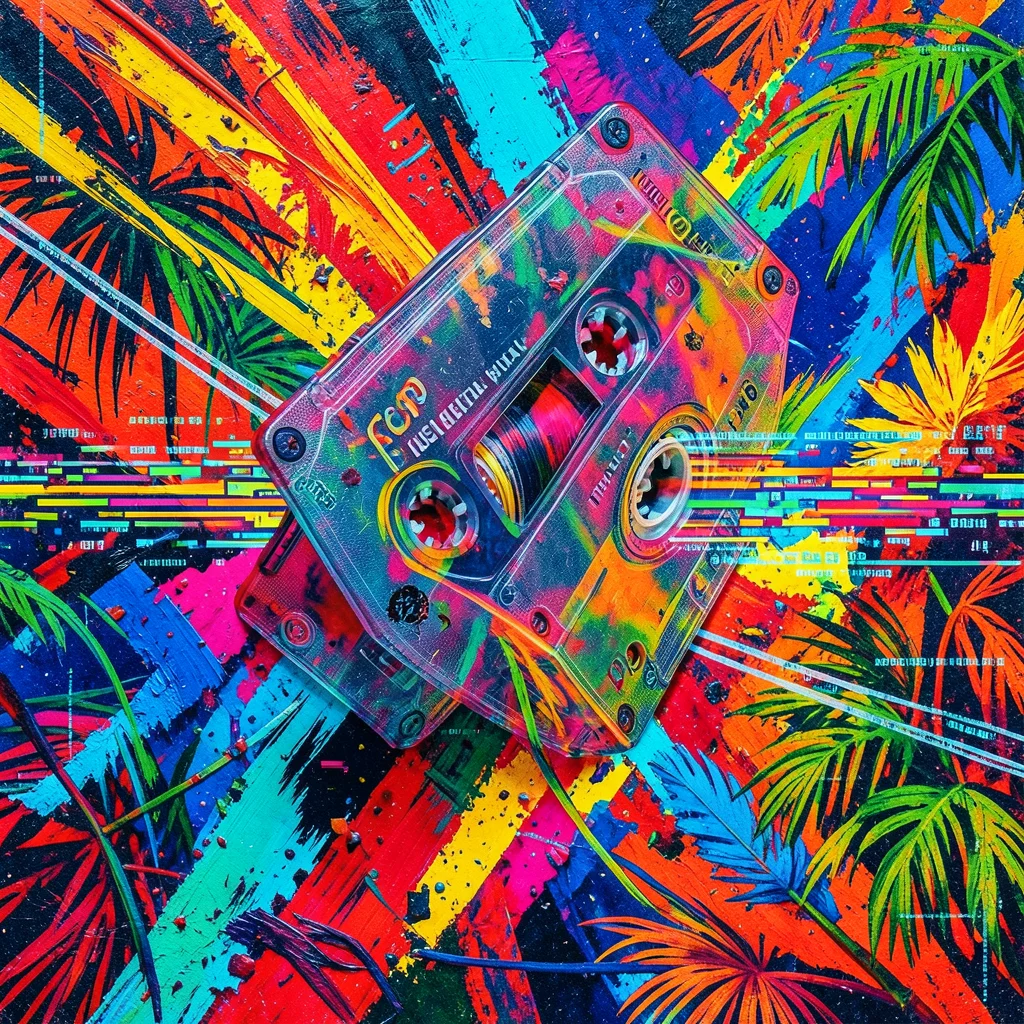 Cassette tape unspooling into digital data stream, glitch art, retro-digital hyb