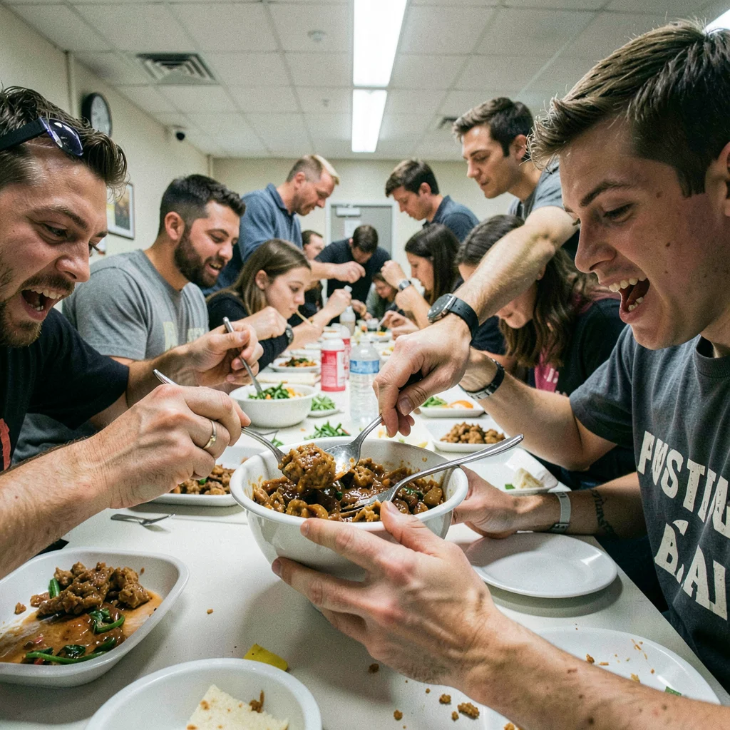 Burrito bowl being assembled by frantic hands during lunch rush