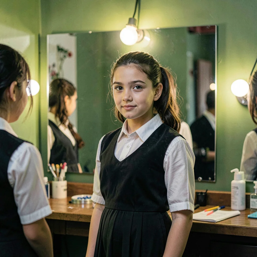 Student actor portrait in costume at a green-room mirror, painterly bulb halo
