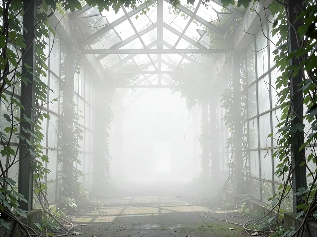Glasshouse interior overrun with vine, panes broken and admitting fog, far end o
