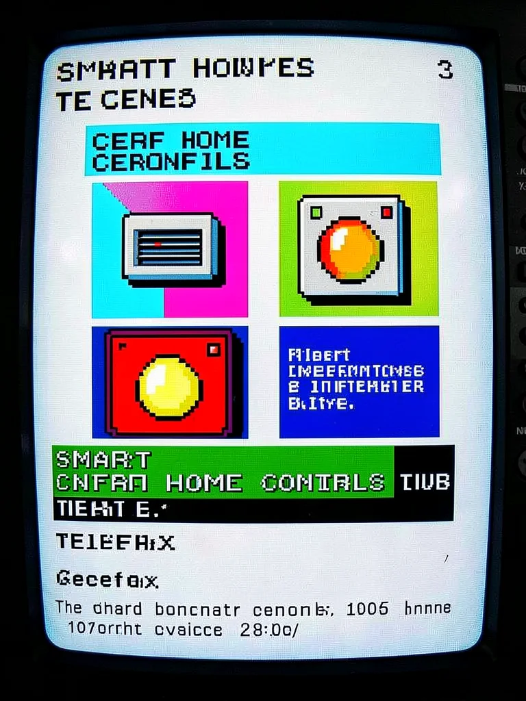 Smart home controls rendered as Ceefax service, thermostat and lights in pixel g