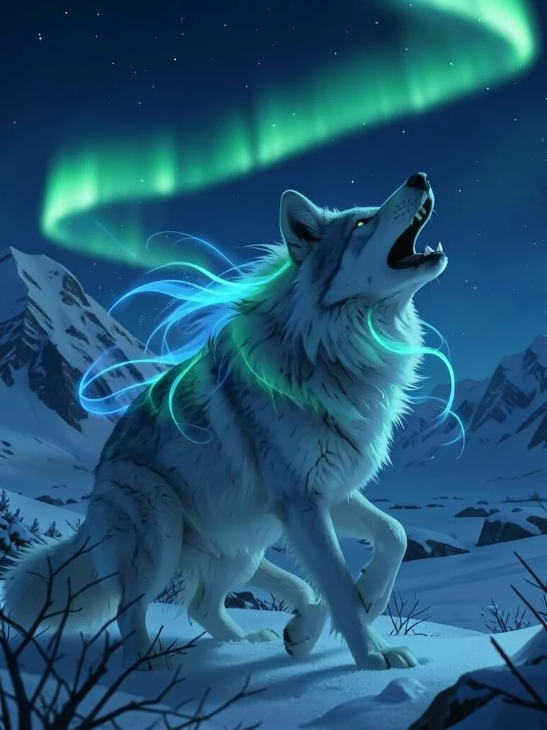 Wolf with northern lights flowing from fur, howling, arctic tundra, night