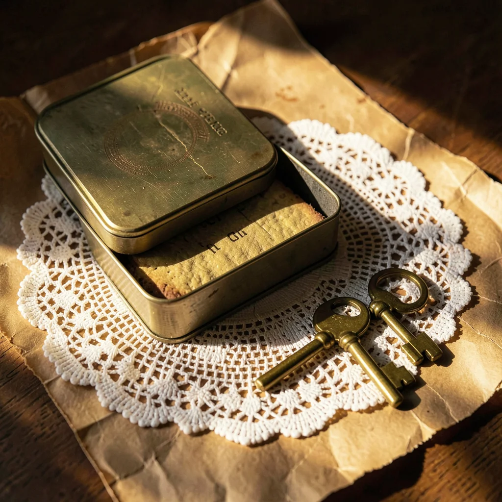 Warmstack tabletop of a lace doily, tin biscuit box, and brass keys on aged parc