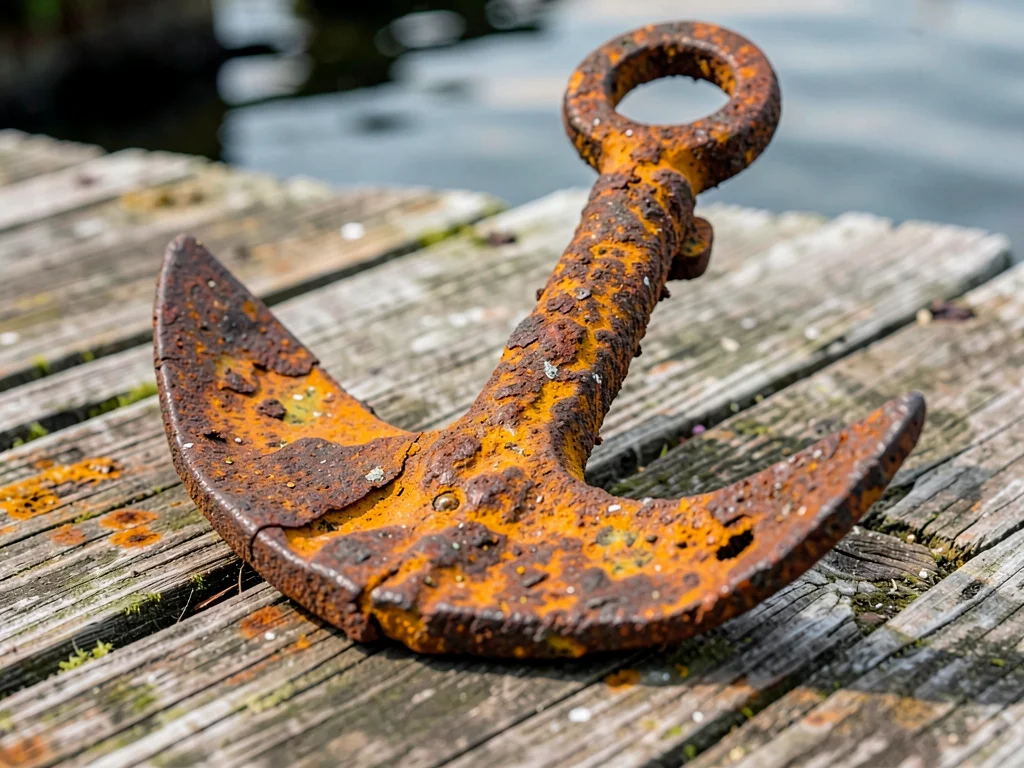 Rusted anchor on dock, maritime oxidation, nautical weight becoming earth