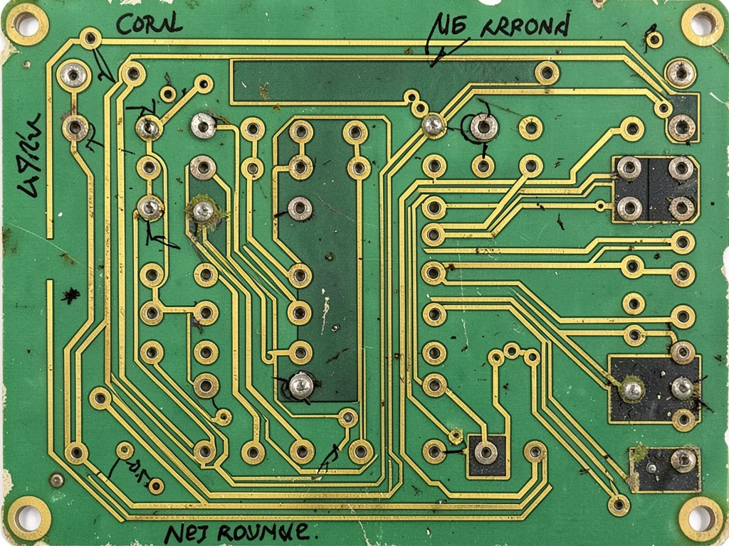 A vintage PCB from a 1970s mainframe with large through-hole component pads, wid