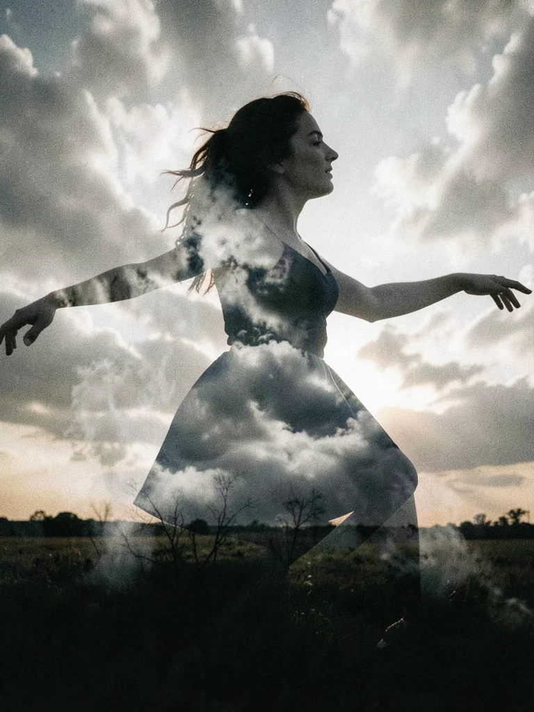 Dancer merged with smoke, her movement becoming weather