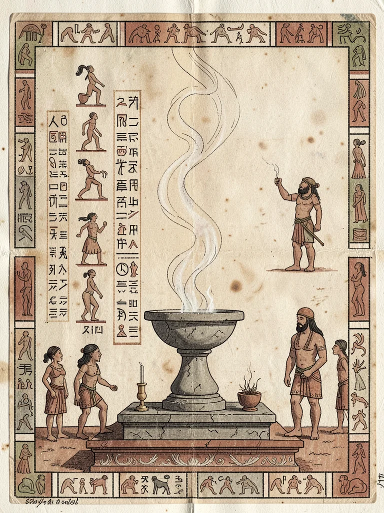 Copal incense burning in stone brazier — smoke curling upward, altar setting