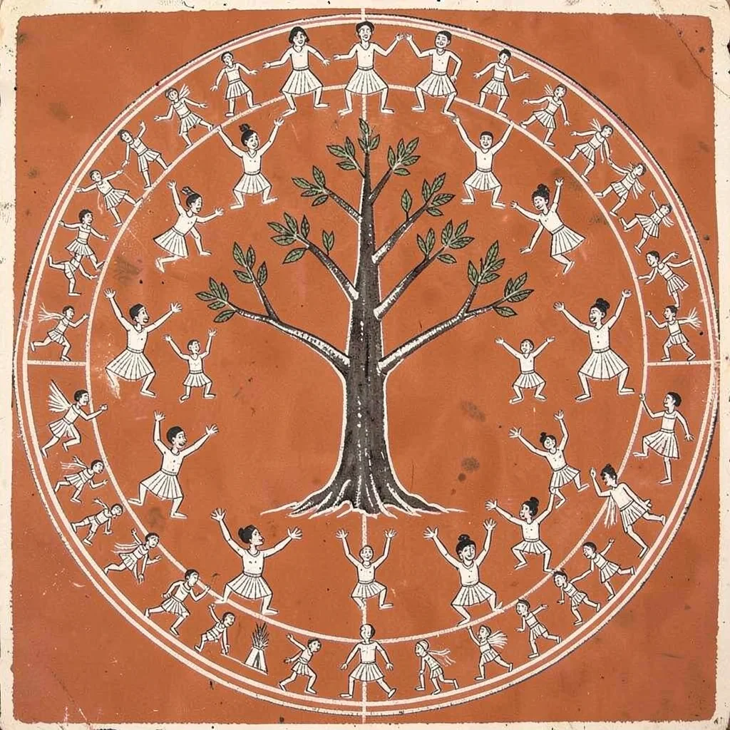 Rain ceremony circle — figures around central tree with raised arms