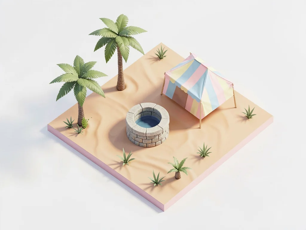 Desert oasis viewed from above-angled perspective with three palms a stone well 