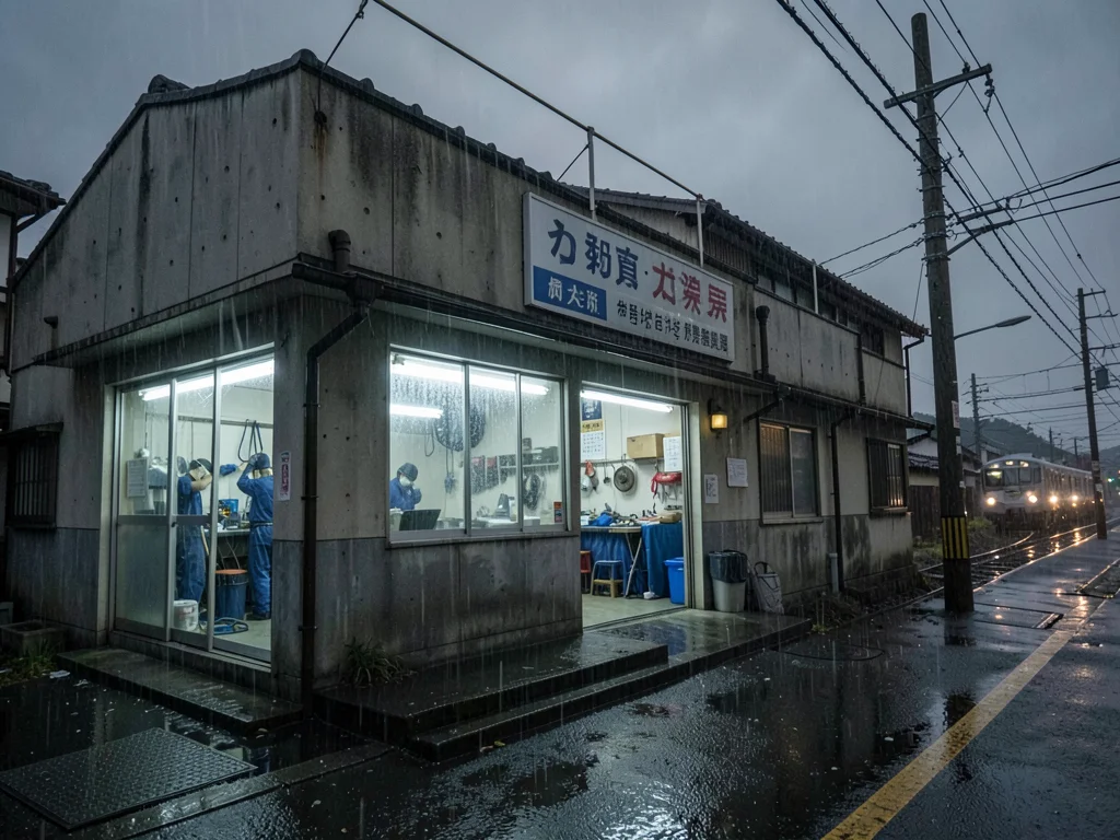 Auto repair shop at night