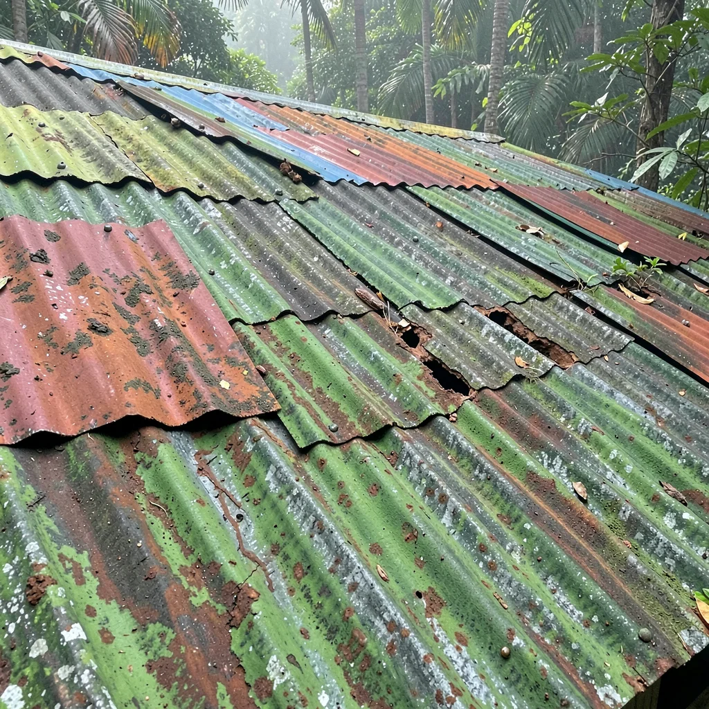 Tropical weathered surfaces, humid atmosphere, Corrugated metal roof patched wit