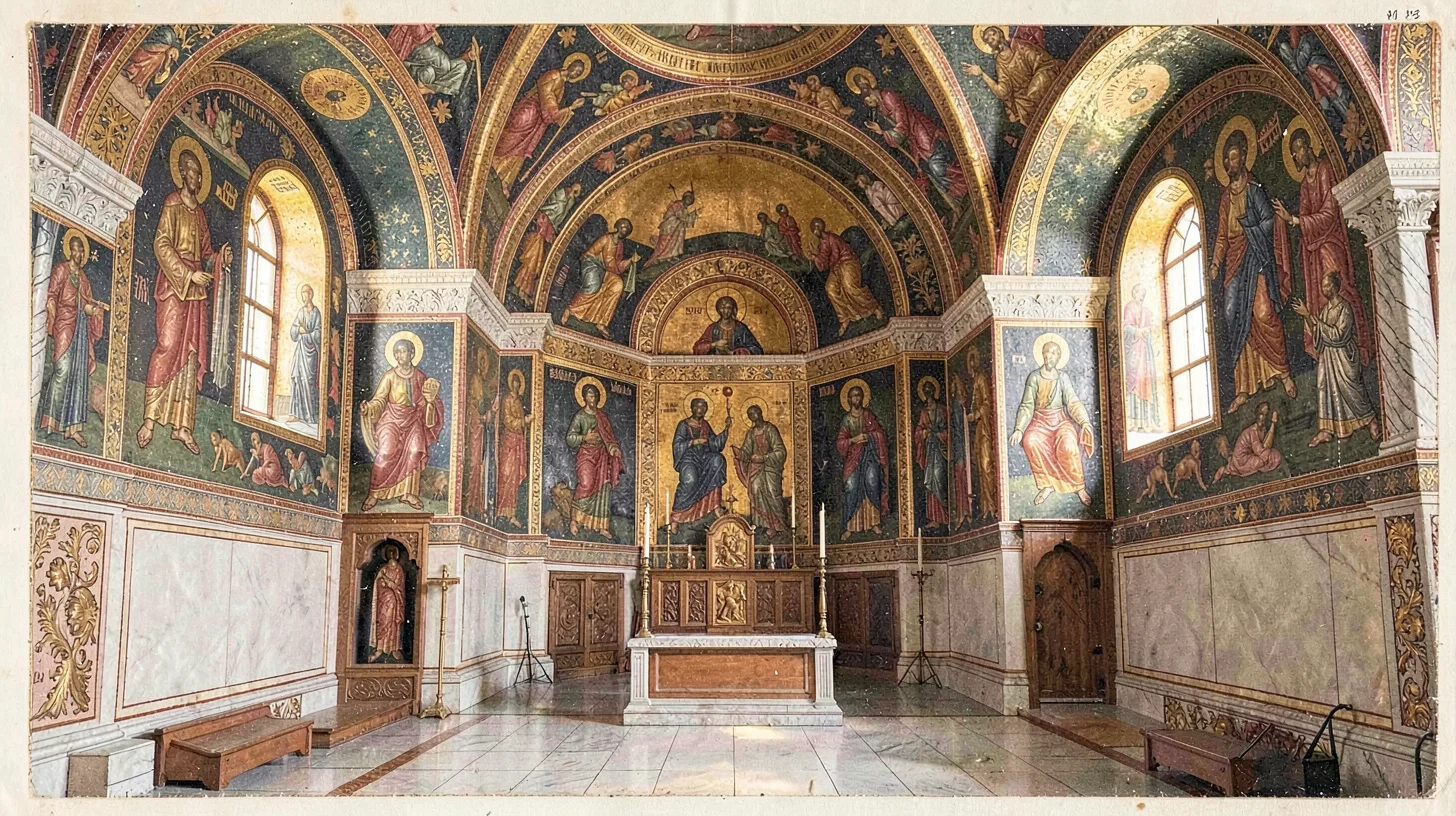 Egg tempera illustration, Byzantine church interior with mosaics , yolk-bound pi