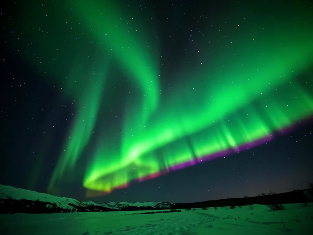 Green aurora curtain stretching across the entire sky, magnetic field lines visi