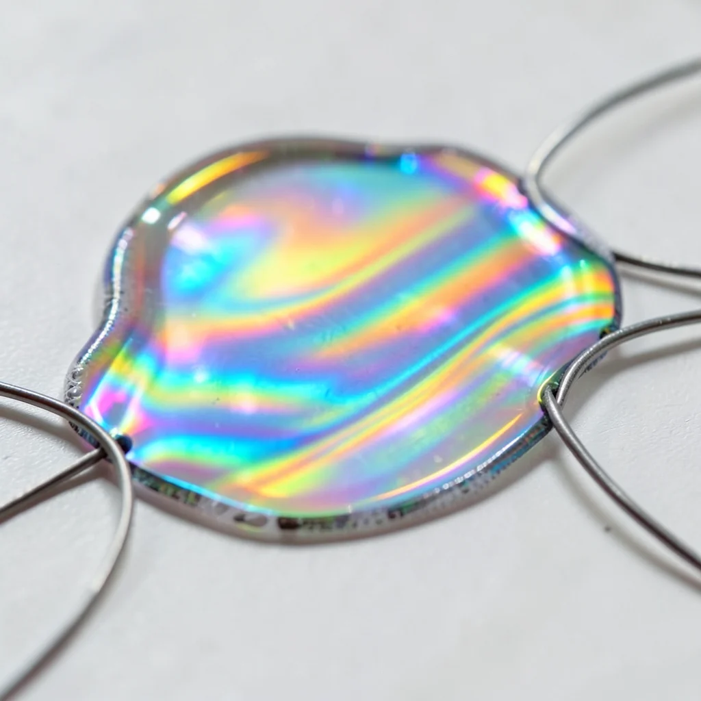 Soap film on a Möbius strip wire frame, continuous surface with flowing iridesce