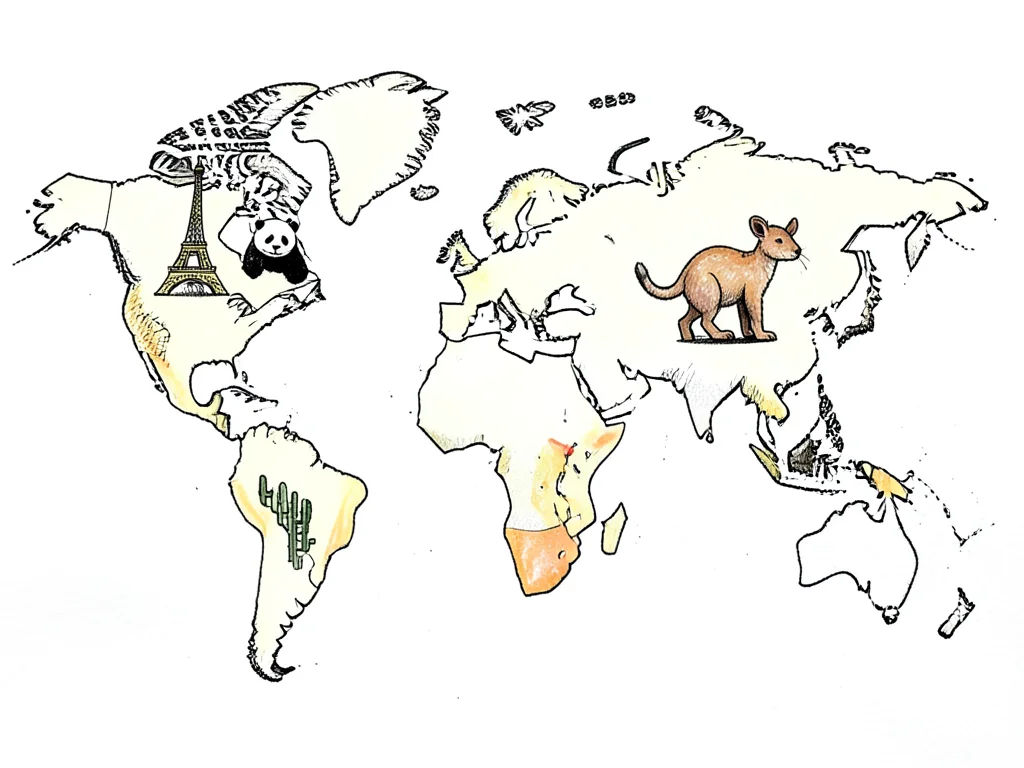 A hand-drawn world map with doodle icons on each continent: Eiffel Tower, panda,
