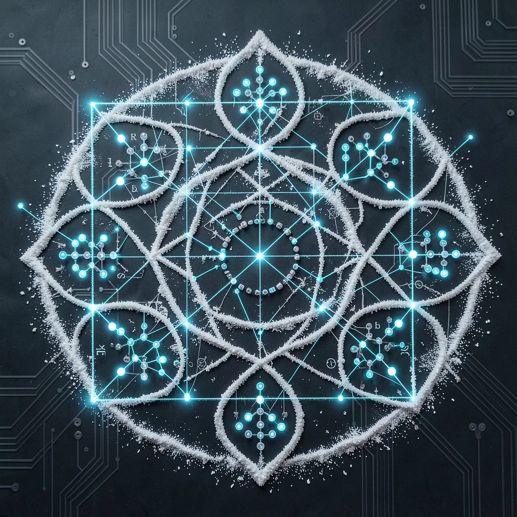 Pulli kolam dots as IC pin layout, mathematical grid connecting to organic kolam