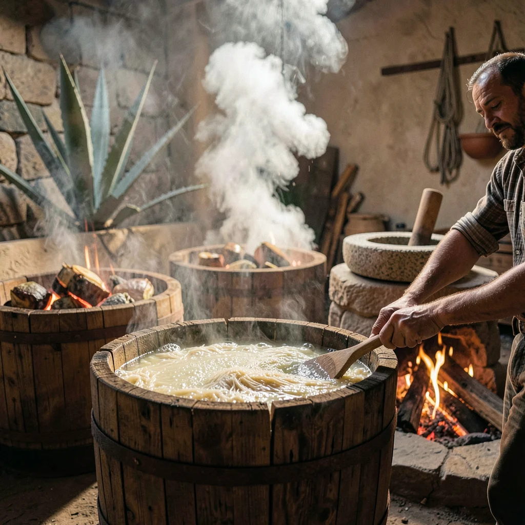 Oaxacan mezcal process, palenque atmosphere, Fibrous agave mash fermenting in wo