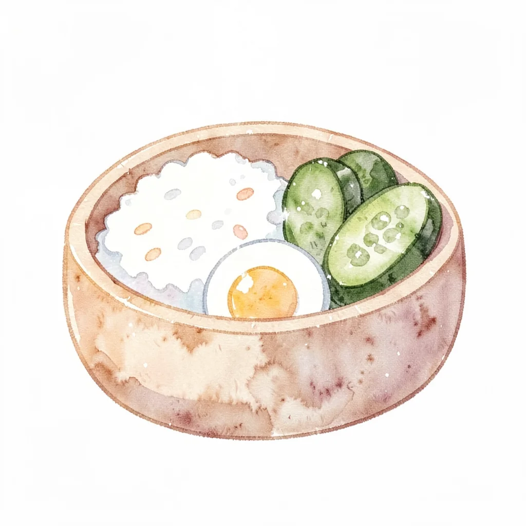 Soft kawaii recipe icon of a bento box with rice, egg, and pickles, soft round s