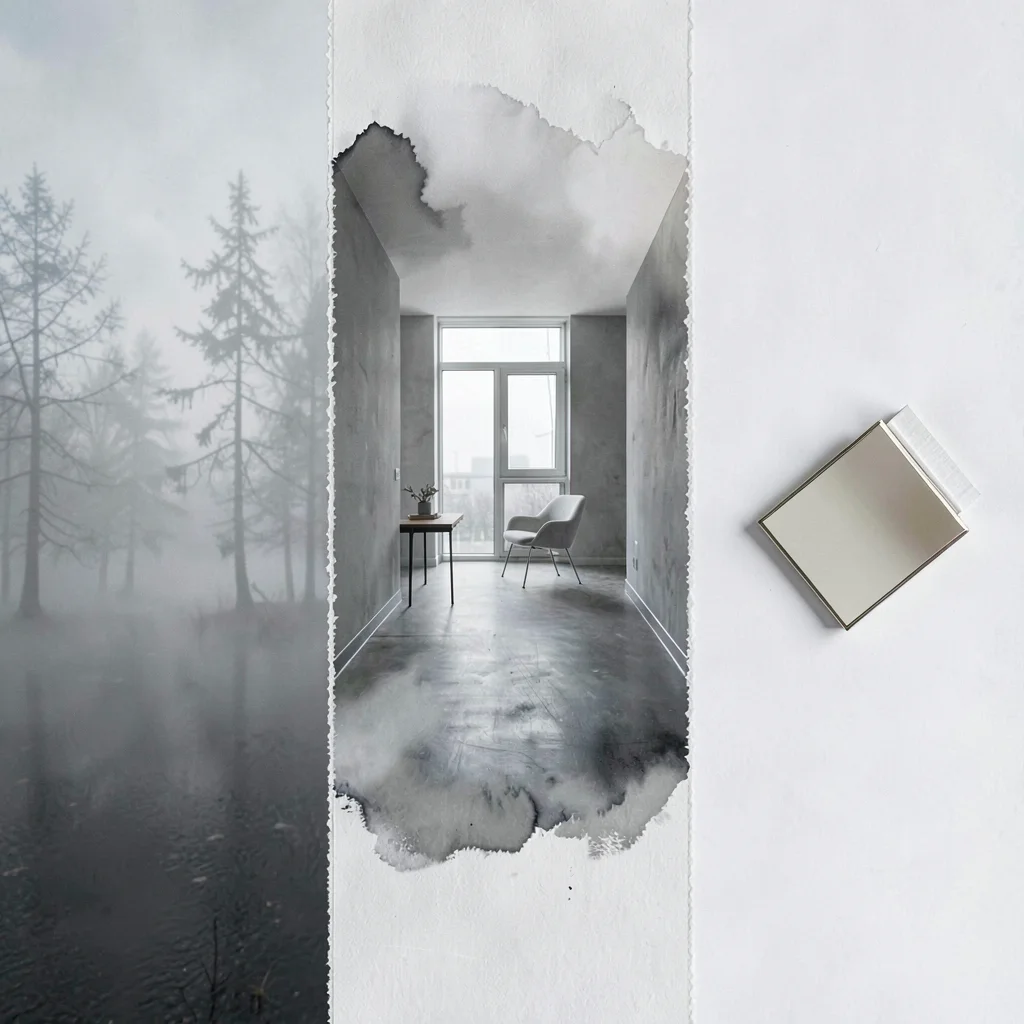 Triptych montage of a single project across phases, a misty exterior plate along