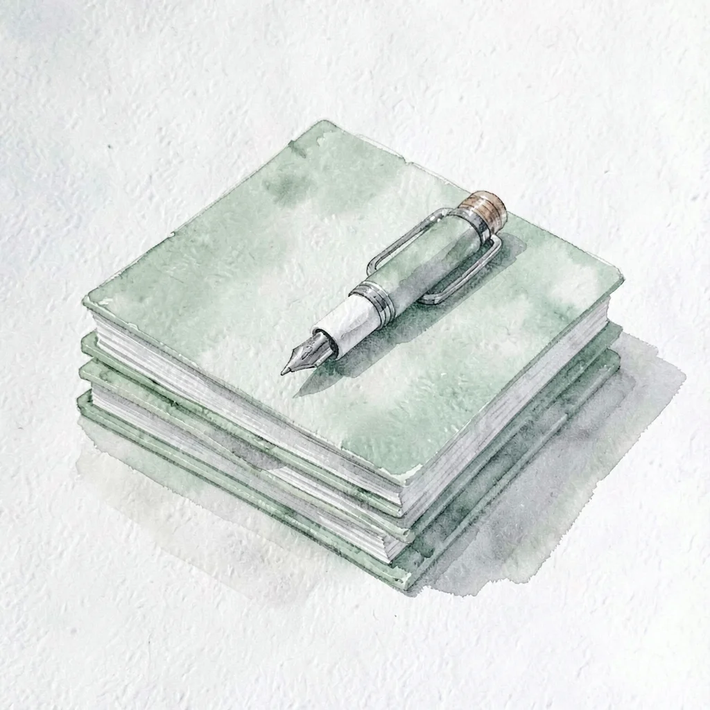 Cut-paper composition of stacked paper journals with a paper pen on top, sage pa