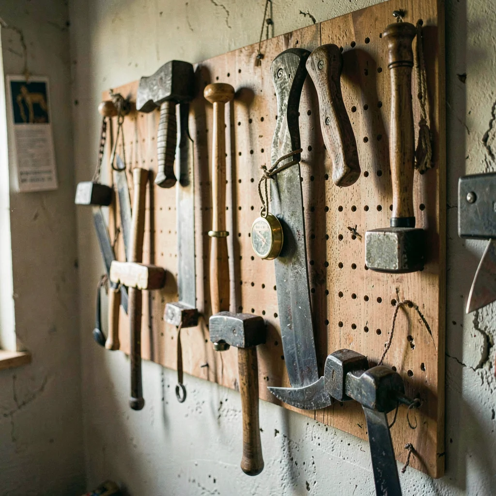 Atmospheric scene of a wall pegboard hung with mauls, knives, and stamps
