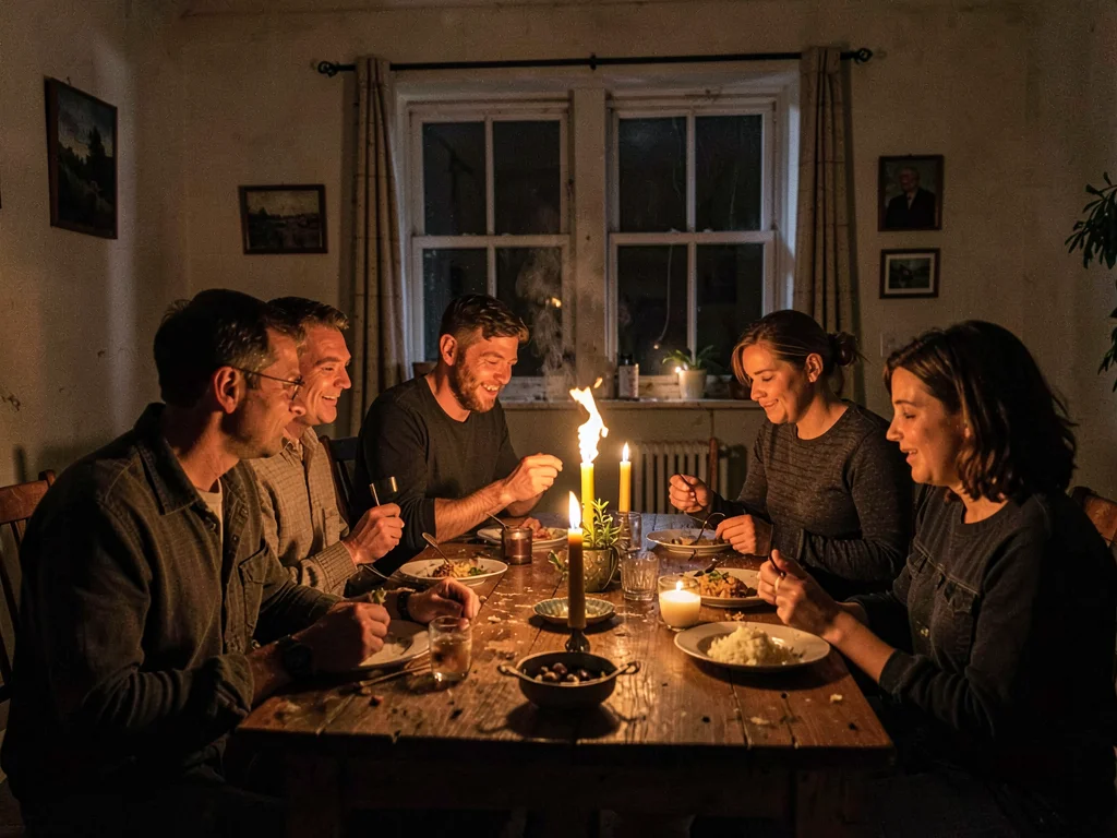 Power outage dinner, family around candles, the accidental intimacy of infrastru