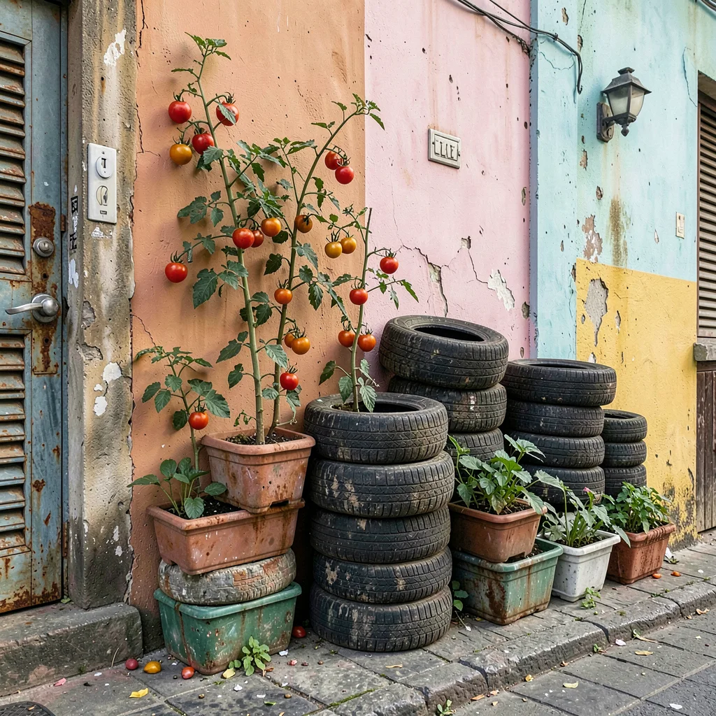 Havana preserved decay, improvised maintenance beauty, Stacked tires repurposed 