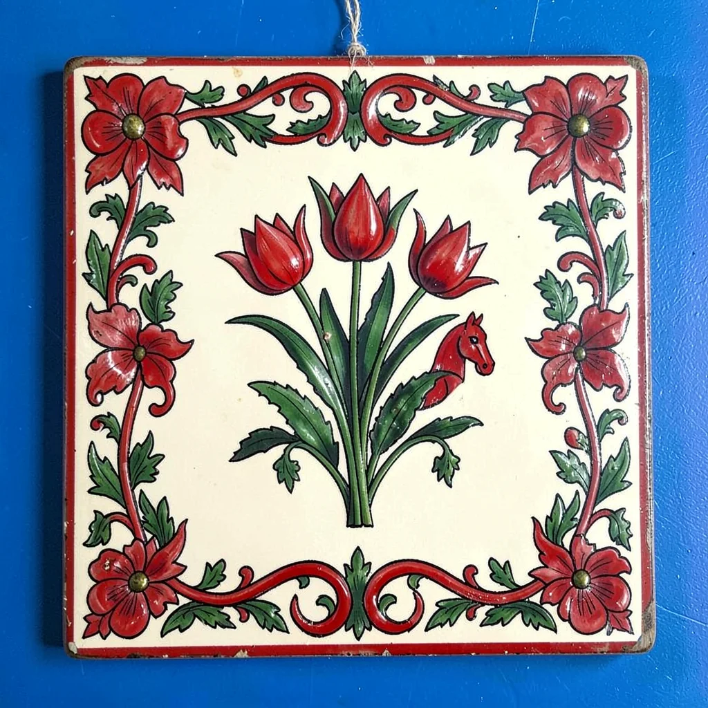 Folk art wall plate — rosemaling border with central tulip bouquet on cream grou