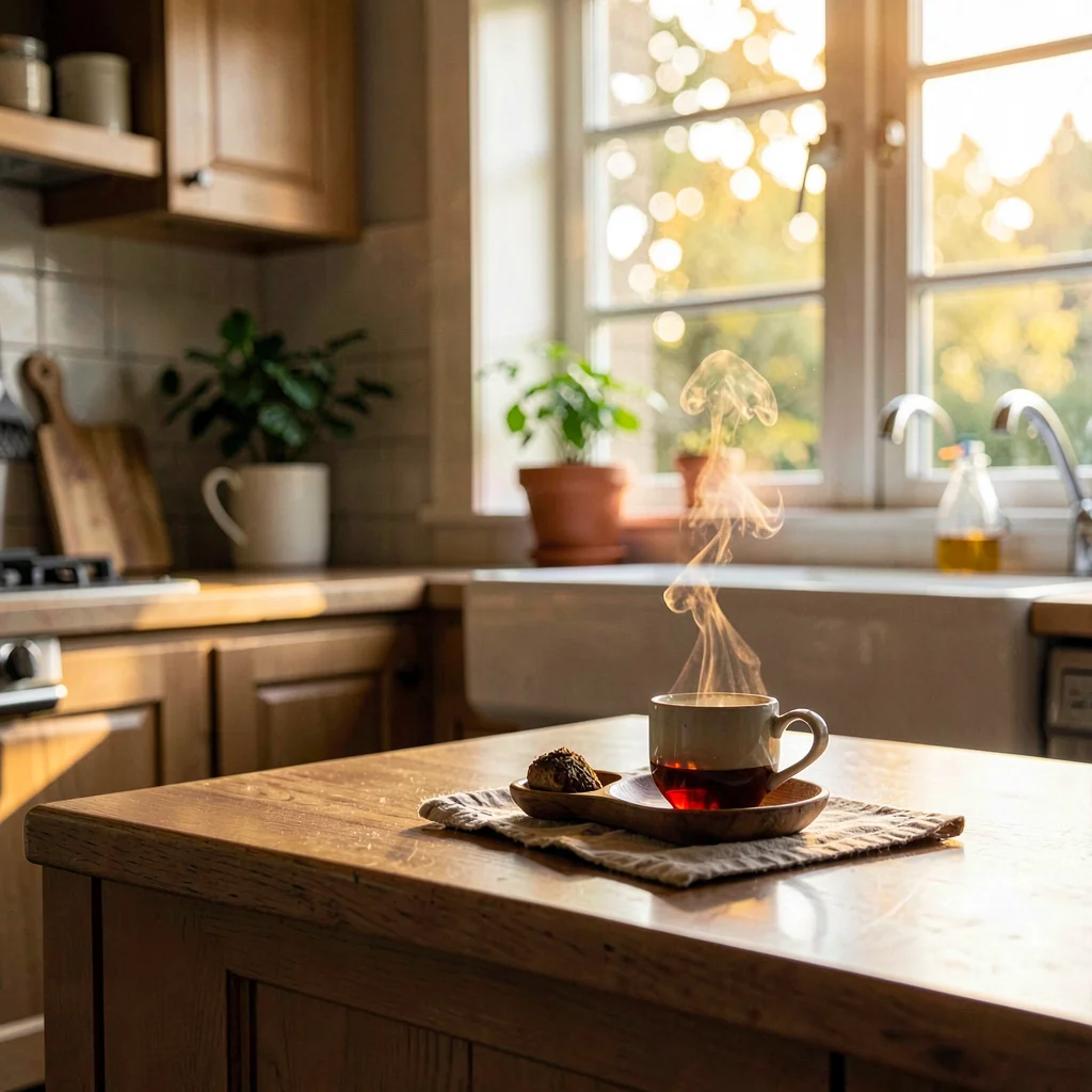 Cozy wide of a kitchen counter with a small tea kit and a steaming cup, golden w