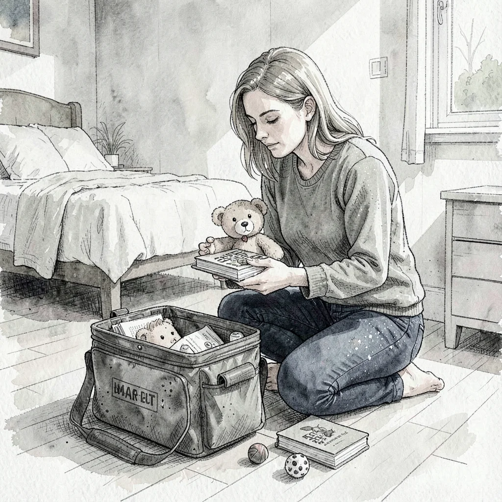 Mother kneeling on a bedroom floor packing a bug-out bag, photo albums and a chi