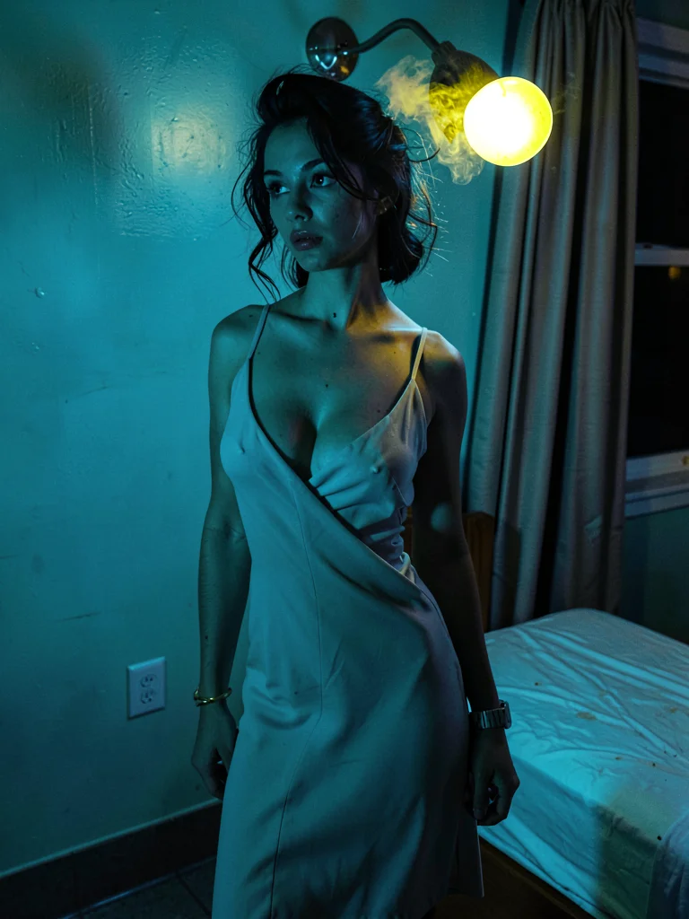 Model in slip dress against motel room wall, skin pushed cyan in shadows, tungst