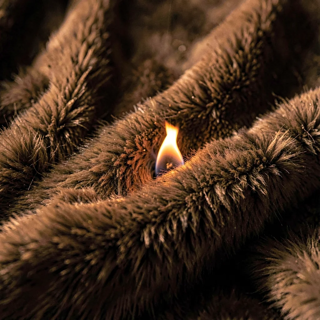 Tight crop of a fur drape texture with a single ember reflection, warm direction