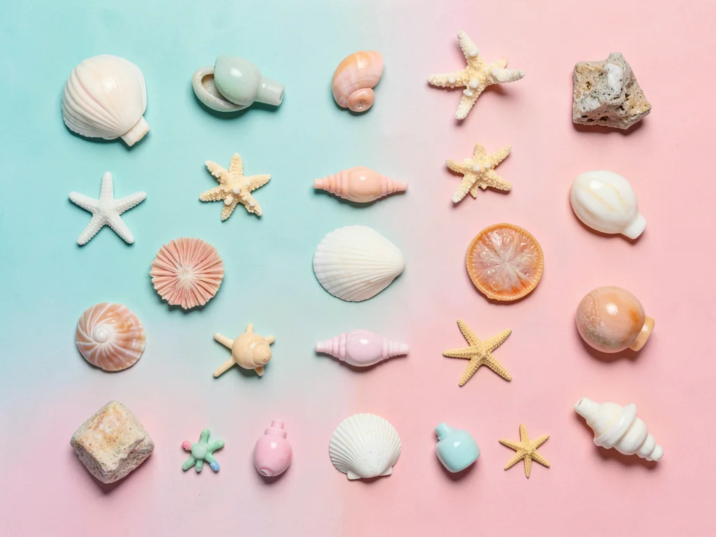Rich knolling flat-lay of thirty pastel-toned beach souvenirs arranged with math