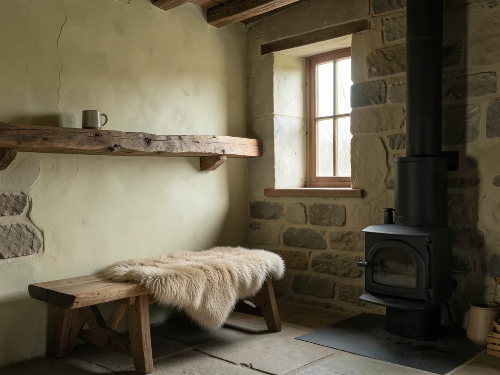 Restored stone cottage interior with lime-washed walls, single sheepskin on a wo