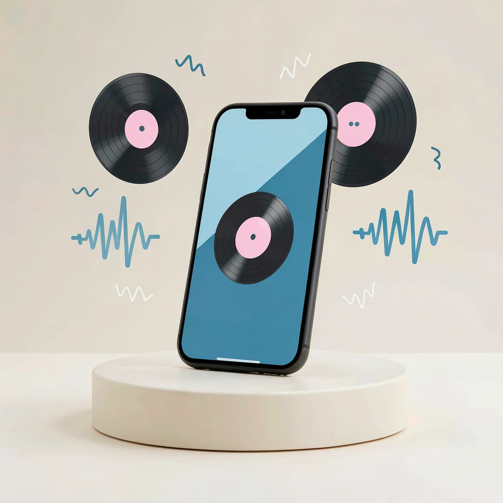 Flat UI hero of a phone tilted three-quarter on a cream pedestal, abstract vinyl